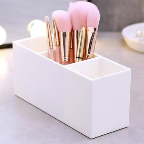 Table Desk Makeup Brush Holder Cup Stand 3-Slots Cosmetics Lipstick Case Box