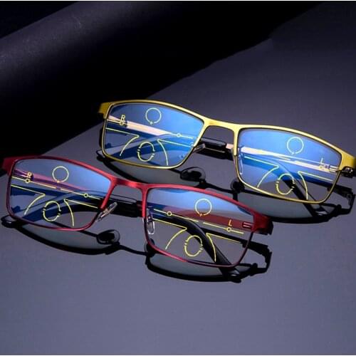 Men Women Progressive Reading Glasses Multifocal Anti Blue Light UV Protection Presbyopic Glasses Metal Half frame red +1.5 2.5