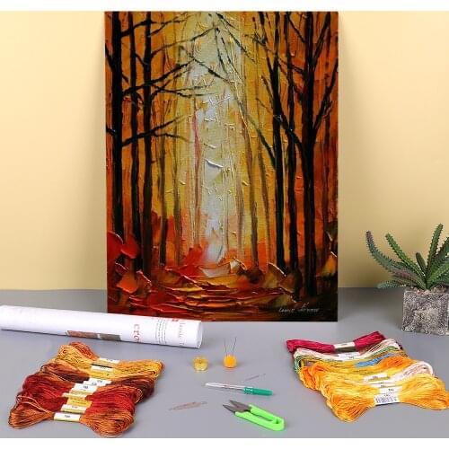 Orange Path Printed Fabric 11CT Cross Stitch DIY Embroidery Complete Kit DMC Threads Hobby Sewing Needlework Painting Floss