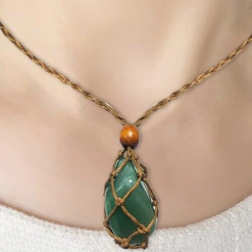 2pcs Necklace Cord Empty Stone Holder Natural Quartz Crystal Raw Stone Chakra Point Healing Fish Netted Indians Amulets Pendant