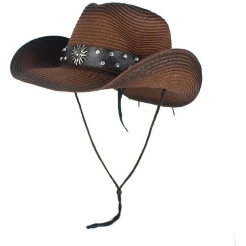 Women Men Hollow Western Cowboy Hat Lady Dad Summer Straw Sombrero Hombre Beach Cowgirl Jazz Sun Hat With Wind Rope Size 56-58CM
