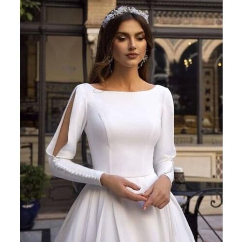 LORIE Princess Wedding Dresses 2021 Scoop Long Sleeves Buttons White Ivory Long Train Wedding Gown Bridal Dress