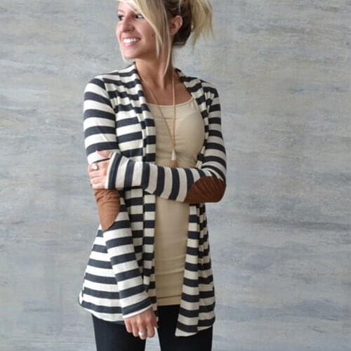 Spring Women coat Long Sleeve Striped Cardigan Printed Casual Elbow Patchwork Knitted Sweater Plus Size Outerwear D42203