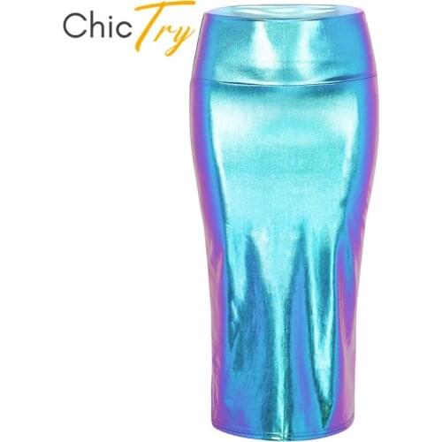 ChicTry Women Holographic Shiny Metallic Night Club Party Festival Rave Costume High Waist Side Split Bodycon Midi Pencil Skirt