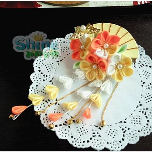 Hand made hairpin cotton cloth hair clip barrettes Japanese style anime Kimono cosplay accessories free shipping sakura fan