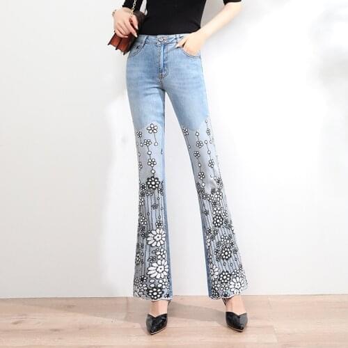 FERZIGE New Luxury Sequin Embroidered Flared Pants Women Skinny Stretch Jeans Female High Waist Slim Fit Pants Plus Size Blue