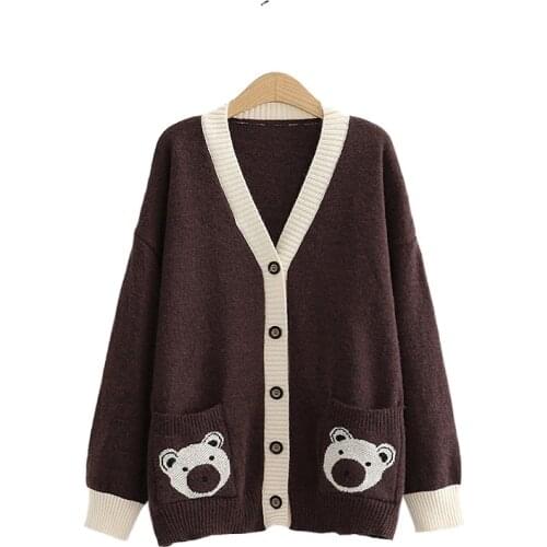Graphic Bear Embroidery Harakuju Knit Women Sweaters Cardigan 2021 Winter Warm Korean Style Female Sweet Kawaii Cute Jumpers Top
