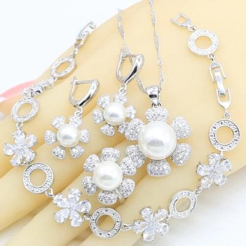 White Pearl Silver Color Jewelry Sets For Women Plant Design Zircon Bracelet Earrings Rings Necklace Pendant