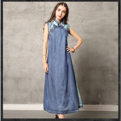 Robe Vintage Femme Denim Qipao Dress Midi Elegant Chinese Dresses Female Mandarin Collar Loose Long Dress Chinese Style AA4816