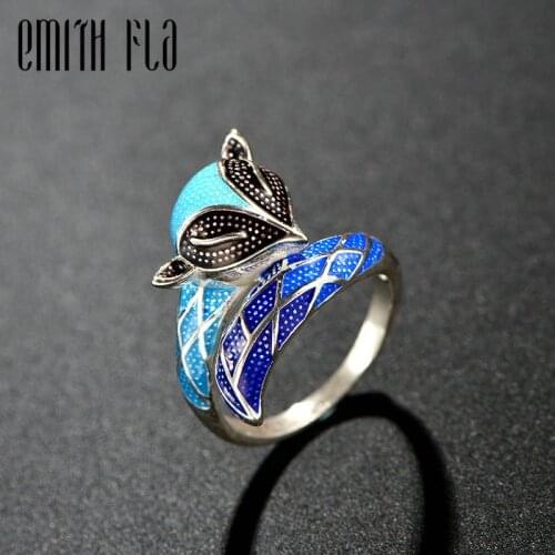 Genuine 100% 925 Sterling Silver Chinese Style Cloisonne Fox Rings Female Vintage Open Rings Fashion Jewelry For Women
