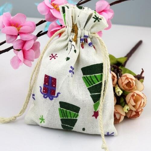 100pcs 10X14cm Cotton bag Christmas tree print cosmetic jewelry packaging bag wedding party gift cotton drawstring bags