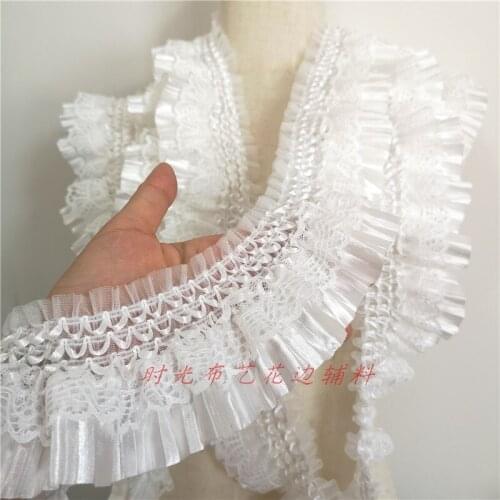 14Yards 7cm Pleated Chiffon Fabric Guipure Lace Embroidery Fringe Ribbon Stretched Ruffle Trim Dolls Clothes Dress Sewing Decor