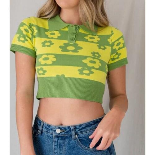 2000s Aesthetic Kawaii Summer Floral Print Y2k Knit T-Shirts Girls Short Sleeve Female 2021 Turn Down Collar Green Crop Top Tee