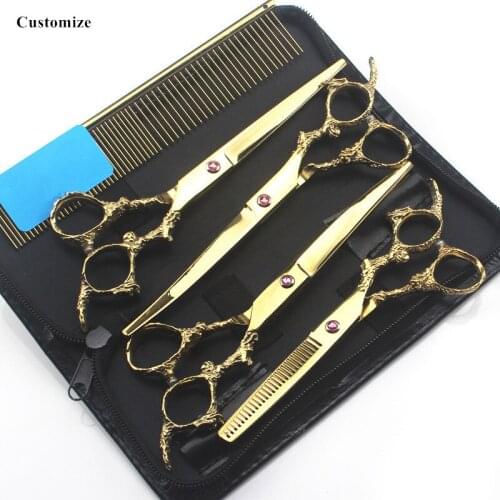 Customize 5 kit 7 '' Japan steel gold dragon pet dog grooming hair scissors thinning shears cutting barber Hairdresser scissors