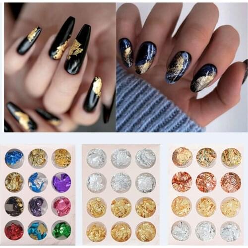 6/12 Box Gold Silver Copper Nail Foil Paper Irregular Aluminum Sticker Glitter Gel Polish DIY Nail Art Decoration Manicure