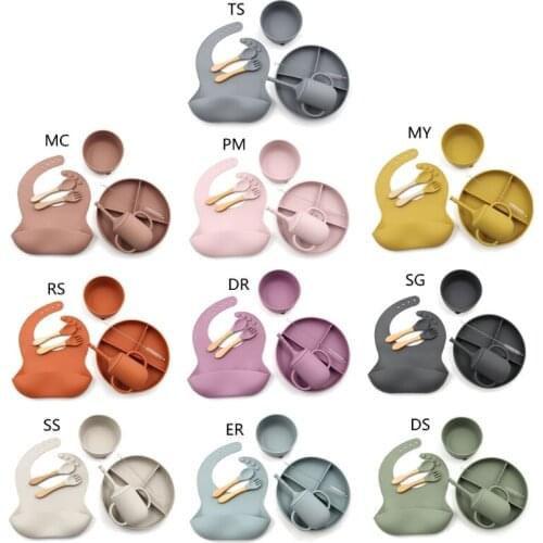 6 Pcs Baby Silicone Bib Divided Dinner Plate Sucker Bowl Spoon Fork Water Cup Set Training Feeding Food Utensil Dishes