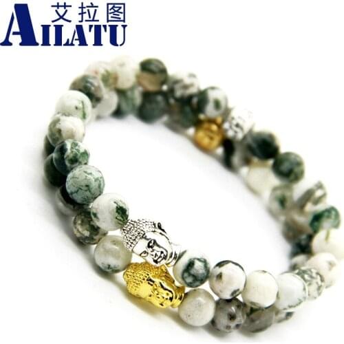 Ailatu New Arrival Bracelet 8mm Natural Tree Grain Stone Buddha Yoga Bracelet Jewelry for Mens Gift
