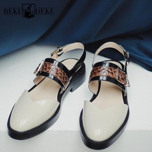 Vintage Women Genuine Leather Sandals Buckle Strap Round Toe Shoes Casual Low Heels Ladies Retro Sandals Leather Sandalias Mujer