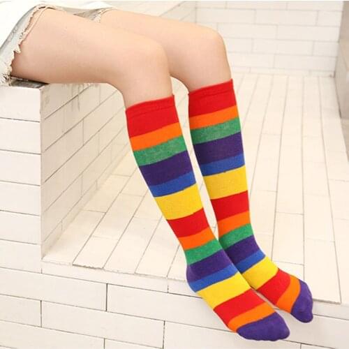 Breathable Cotton Girls Stockings Kids Knee Socks Boys Long Socks Children Pile Socks Baby Socks Rainbow Striped 3 to 12 Yrs