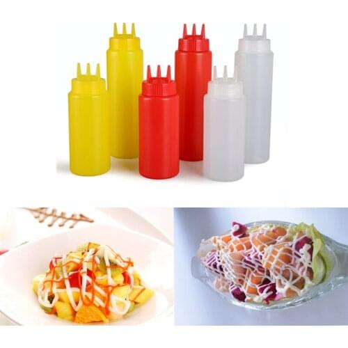 Hot Sale 3 Holes 350ml Twist Cap Squeeze Bottle Food Grade Plastic Ketchup Mustard Mayo Sauces Olive Oil Bottles Kitchen Gadgets