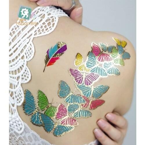 Hot sale Gold Foil Silver Tattoo on Body Temporary Metallic Fake Jewelry Tattoos Hair Body Flashing Butterfly Feather Tattoo