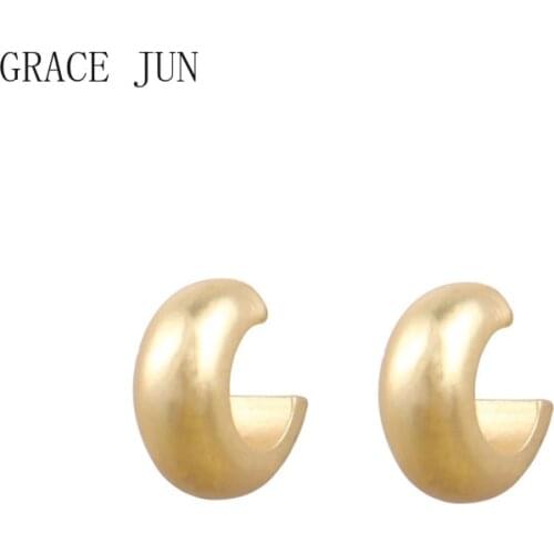 GRACE JUN New Gold Color Cute C Shape Hoop Stud Clip on Earrings for Women Girl Party Prom Trendy Fake Piercing Fashion Ear Clip