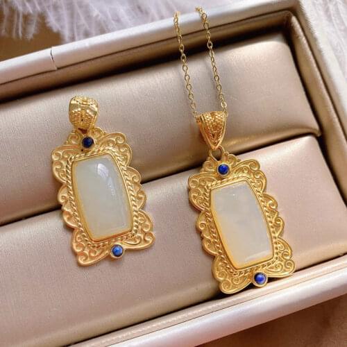 Natural Hetian Jade White Jade Lucky Pendant Pendant S925 Sterling Silver Womens Inlaid Gilding Style Craft Court Style Design