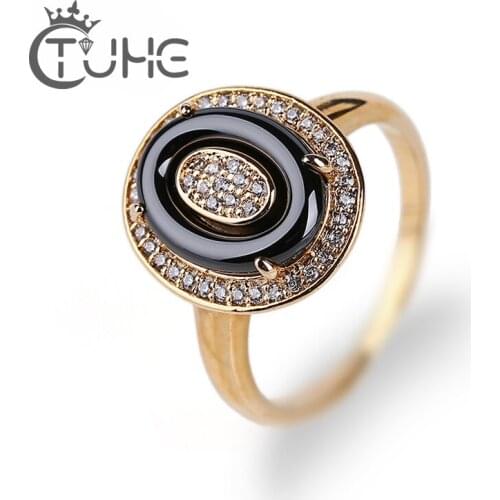 New Egg Shaped Ceramic Rings 585 Gold Metal Black Circle Ceramic Shining Crystal Ring Jewelry For Women Unisex Jewelry Drop Ship