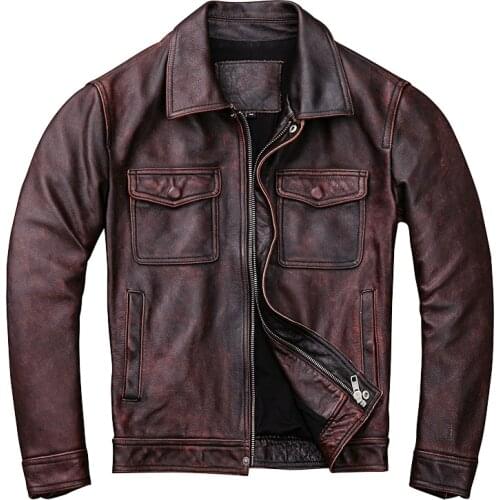 Mens Red Brown Genuine Cowhide Leather Jacket American Retro Style Motorcycle Fashion Slim Jacket Coat Plus Size 6XL