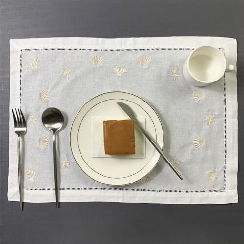 Set of 12 Handkerchiefs white Hemstitched linen Table Napkins/ Placemats/Towels Embroidered Neptune/Conch/shell/3 Specifications