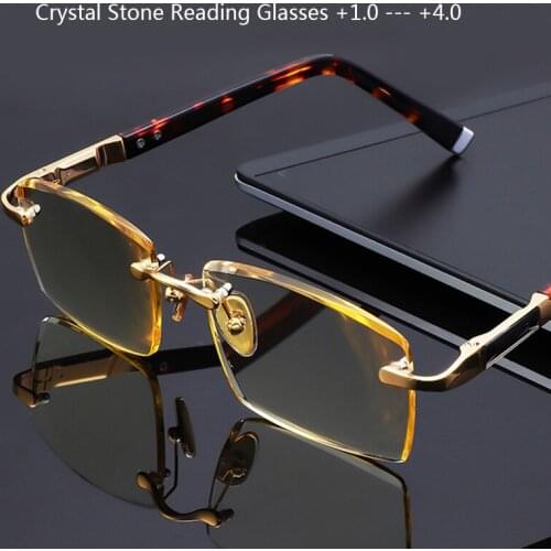 Rimless Glass Reading Glasses Natural Crystal Stone Lens Man Women High Quality Acetate Presbyopic Eyeglasses Anti Eye Dry +1.0