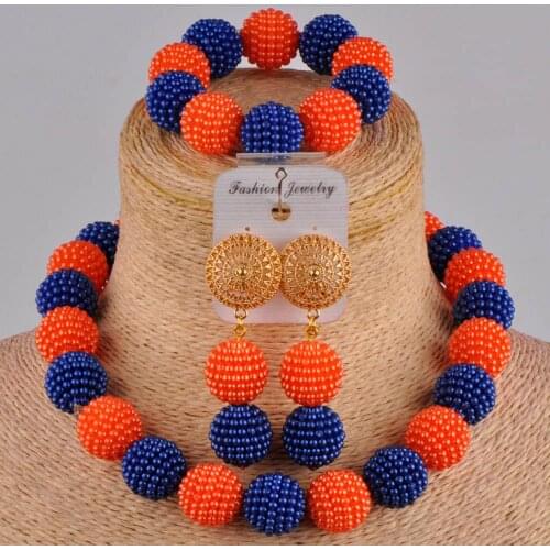 Lovely royal blue and orange african necklace nigerian beads jewelry set for women FZZ97-15