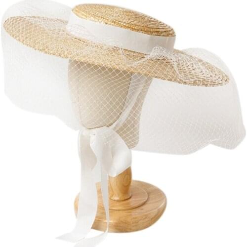 Formal Hat Straw-Woven Summer Beach Hat Decorated with Grenadine & Adjustable Ribbon for Fixing with Wide Brim