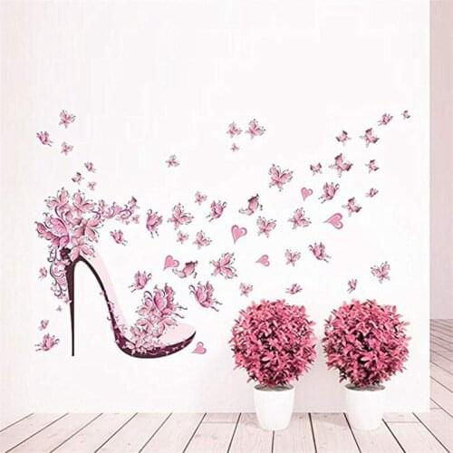 Creative High Heel Shoes Flying Butterflies Flower Heart Wall Stickers Nursery Mural Poster Vinyl PVC Girls Room Home Art Decor