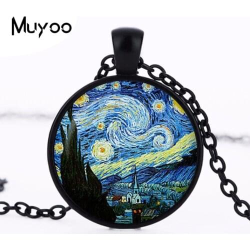 Handicraft Jewelry Vintage Van gogh Starry Night Pendant Necklace Round Photo Chain Glass Cabochon Choker Necklace HZ1