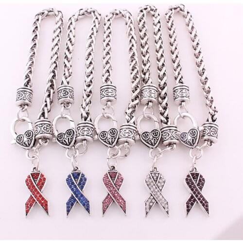 Trendy Charm Bracelet For Women Men Ribbon Shape Design Pendant With Crystals Wheat Link Chain Zinc Alloy Provide Dropshipping