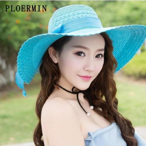 Female 2020 Summer New Sun Hat Summer Anti-UV Lady Wide Brim Hat WomenSolid Color Beach Holiday Beach Hat Big Sun Hat