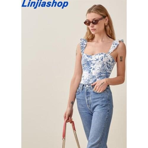 Retro White Blue Flower Print Camis Women Summer Ruffles Strap Ruched Short Tank Tops Cool Girl Sexy Slim Crop Top Tees