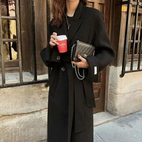 2021 Jacket Woolen Overcoat Sashes Slim Waist Cardigan Outerwear Women Autumn Winter Khaki Thick Long Wool Coat