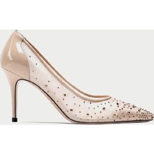 2021 spring pointed stiletto high heel rhinestone mesh shoes banquet dress large size small size bridal wedding shoes women