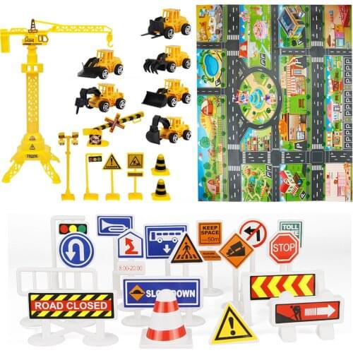 33pcs Construction Vehicles Kids Toys Carpet Play Mat Set Road Traffic Rug with 18 Road Signs 14 Mini Trucks Roadblocks Playmat