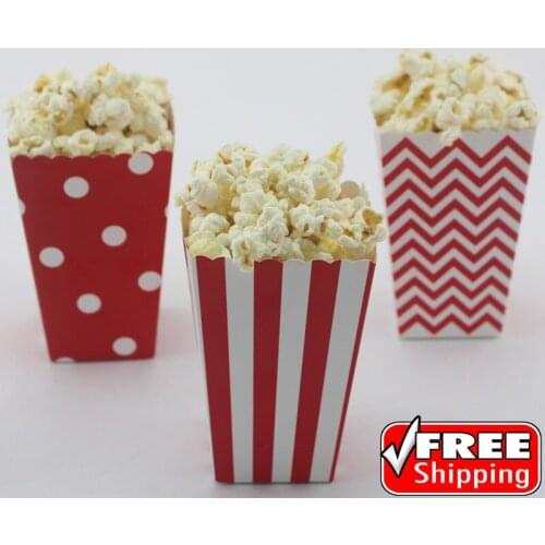 36pcs Mix 3 Designs Red Striped Polka Dot Chevron Paper Popcorn Boxes-Candy Buffet Snack Treat Gift-Retro Movie Wedding Party