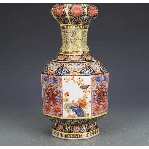 Qing Yong Zheng Antique Ceramic Vase Enamel With Flower Birds Pattern Old Ancient Porcelain Offcial Kiln