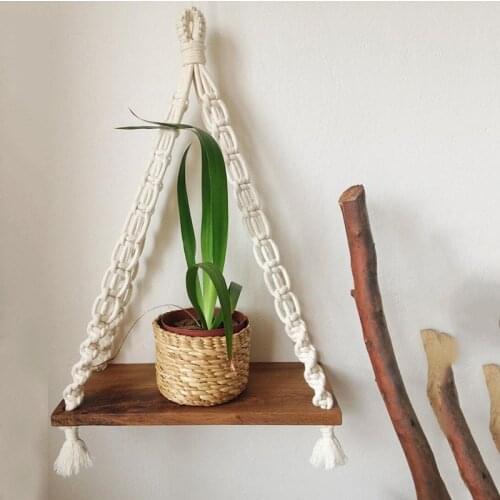 Cilected Hand-Woven Macrame Tapestries Rack Wooden Shelves For Wall Bohemian Decorative Shelves Wall Hanging Shelves Ornament