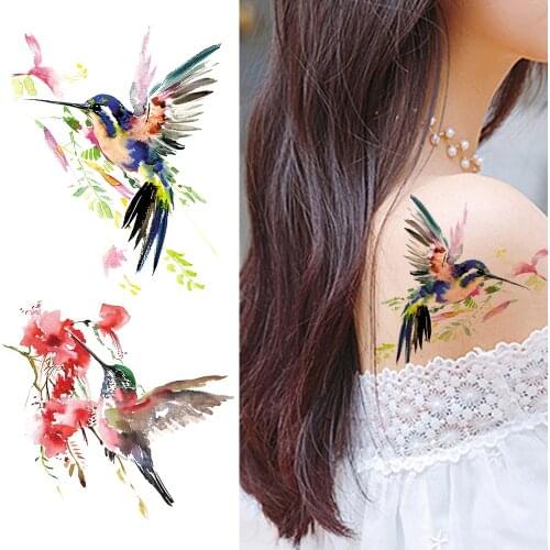 DIY Watercolor Hummingbird Temporary Tattoo Sticker 3D Fake Waterproof Flower Tatoos For Women Girl Body Art Arm Shoulder Tatoos