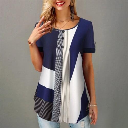 Summer Retro Women T-Shirts Ladies' Loose Fashion Tops Round Neck Short Sleeve Top Tees Female Buttoned Printed T-Shirt