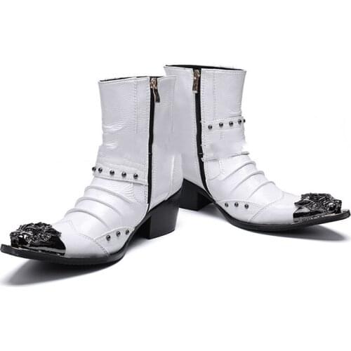 Leather White High Heel Boots Men Metal Rivets Botas Hombre Lateral Zip Buckle Winter Shoes Men Ankle Motorcycle Boots