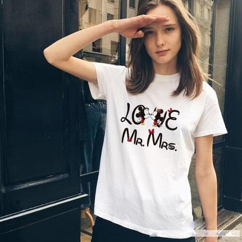 Kawaii Clothes Funny Mickey Minnie LOVE MR MRS Letter Print T Shirt Woman Oversized Streetwear Harajuku T-shirts Dropship