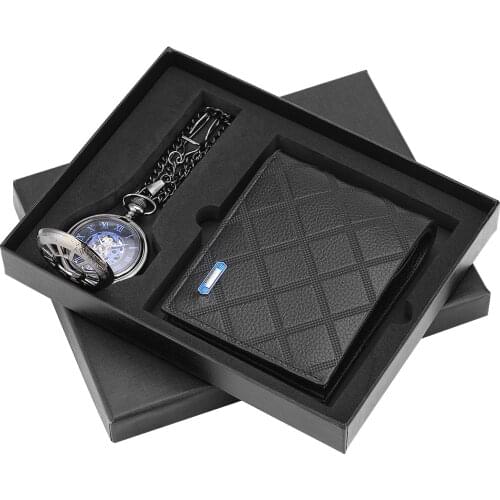 Fashion New Arrival Pocket Watch Wallet Gift Set Retro Mechanical Pendant Watches Practical Mens Wallet Gifts for Husband Dad