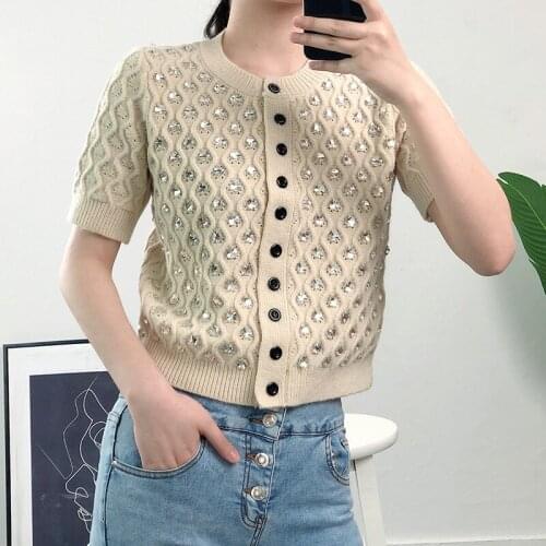 Fashion Knitted Cardigan Crystal Diamond Beaded O-Neck Hollow Single-Breasted Short-Sleeved Sweater Ladies 2021 Summer New Styl